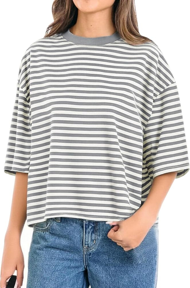 CHYRII Womens Oversized Striped T Shirts Short Sleeve Fashion 2026 Casual Crewneck Summer Y2K Clo... | Amazon (US)