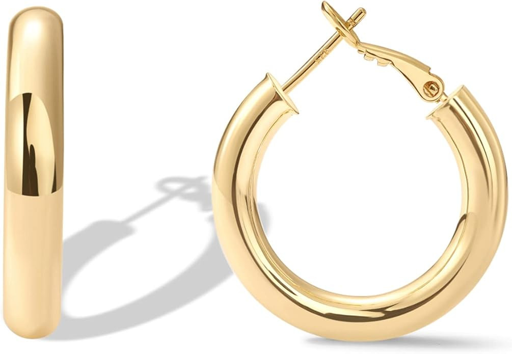 PAVOI 14K Gold Plated 925 Sterling Silver Post Hoops | Lightweight Chunky Hoops Huggies | Thick G... | Amazon (US)