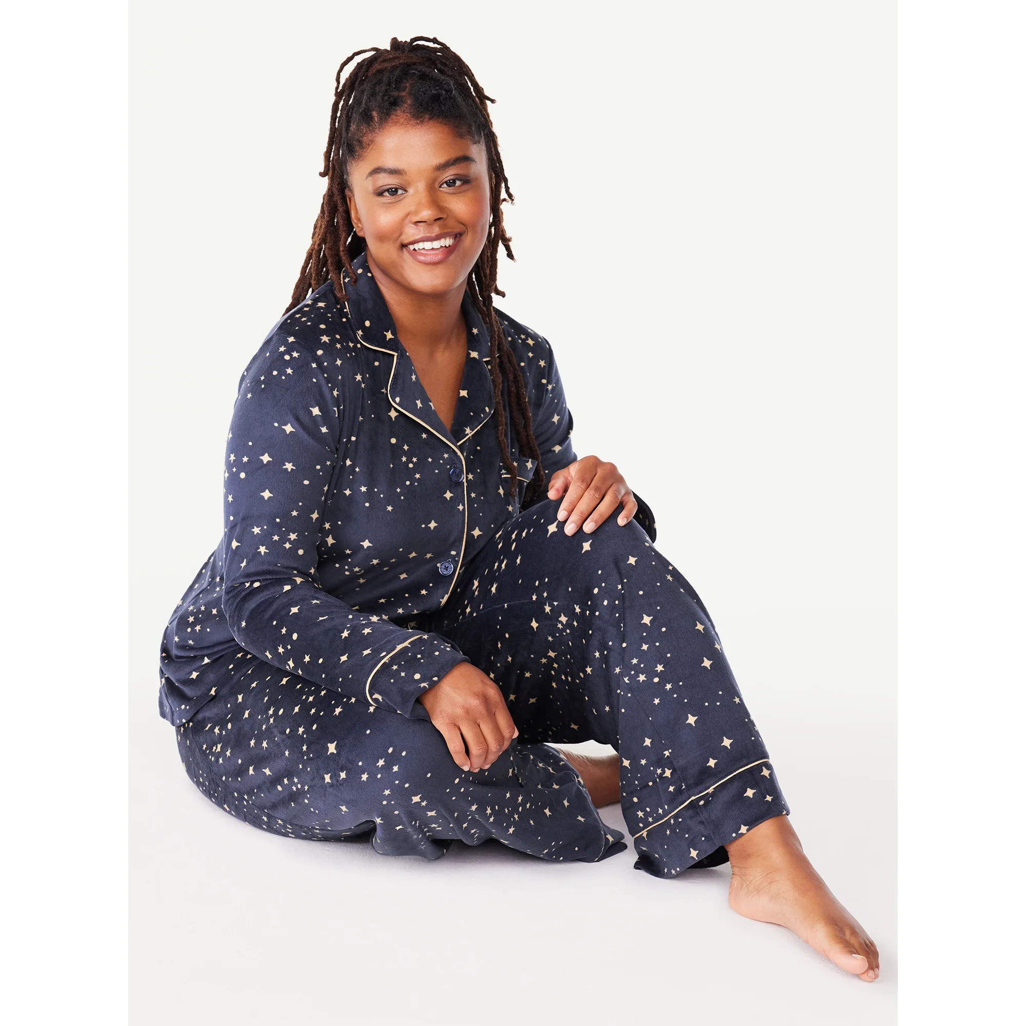 Joyspun Women’s Stretch Velour Notch Collar Top with Pants, 2-Piece Pajama Set, Sizes S to 3X | Walmart (US)