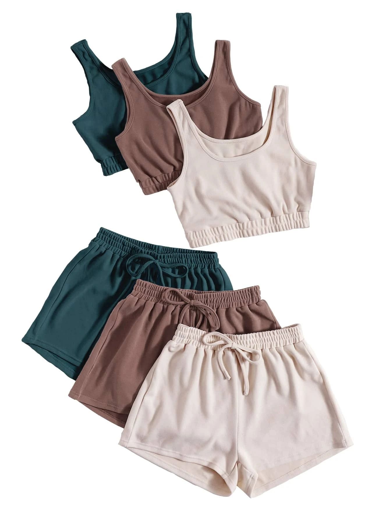 3pack Crop Tank Top & Knot Front Shorts Lounge Set | SHEIN