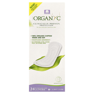 Organyc, Organic Cotton Panty Liners, Light Flow, 24 Liners | iHerb