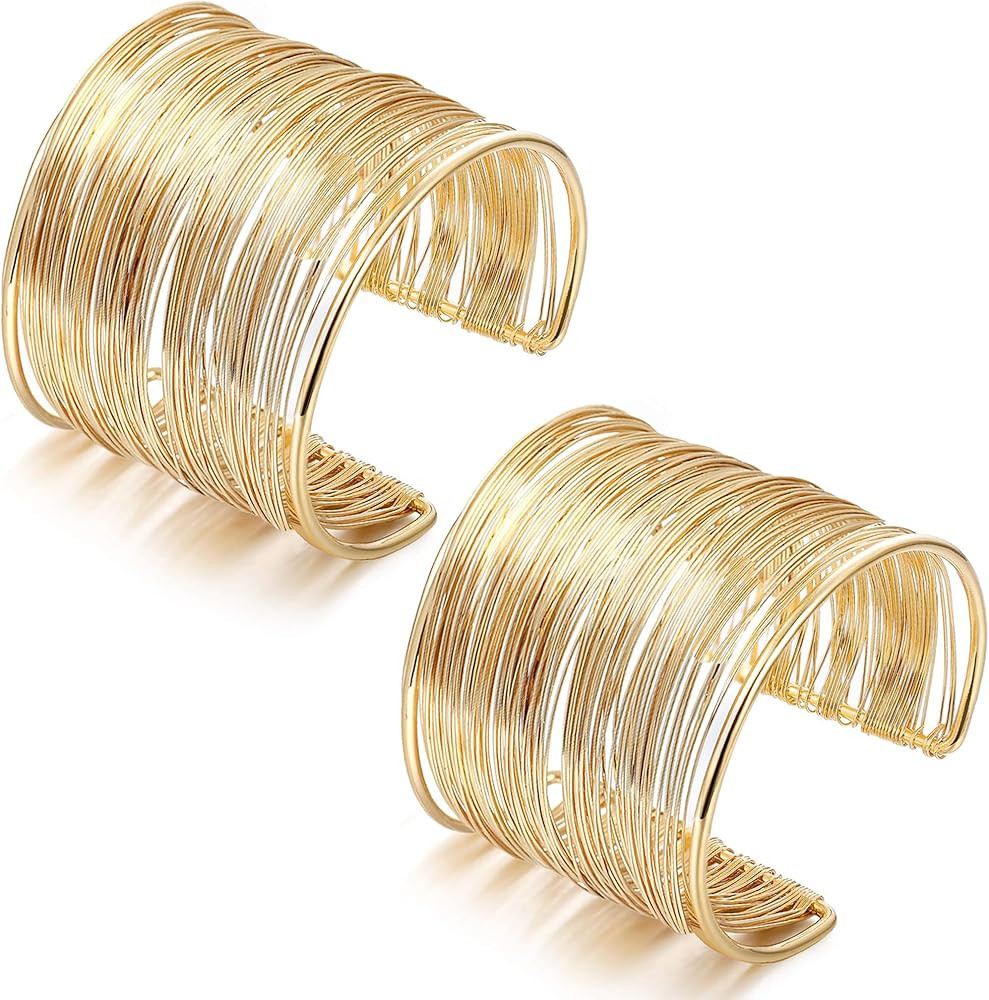 2 Pcs Cuff Bangle Bracelet for Women Open Wide Wire Bracelets Adjustable Gold Wrist Cuff Wrap Bra... | Amazon (US)