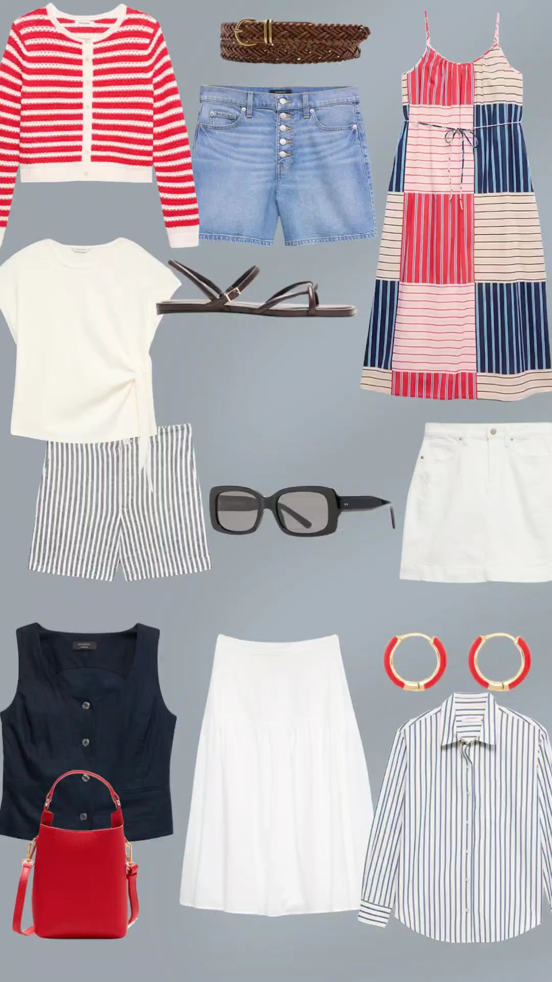Banana Republic Factory 4th of July outfit inspo. Summer style. Red white blue. Short sleeve sweater. Bandana. Red flip flops. Shorts. Denim vest. White midi skirt. Linen. Denim shorts. Casual 4th of July. Strapless top. Red pants. Button down. Midi striped dress. Polo. Patchwork dress. Cardigan. 

#LTKSeasonal #LTKSaleAlert