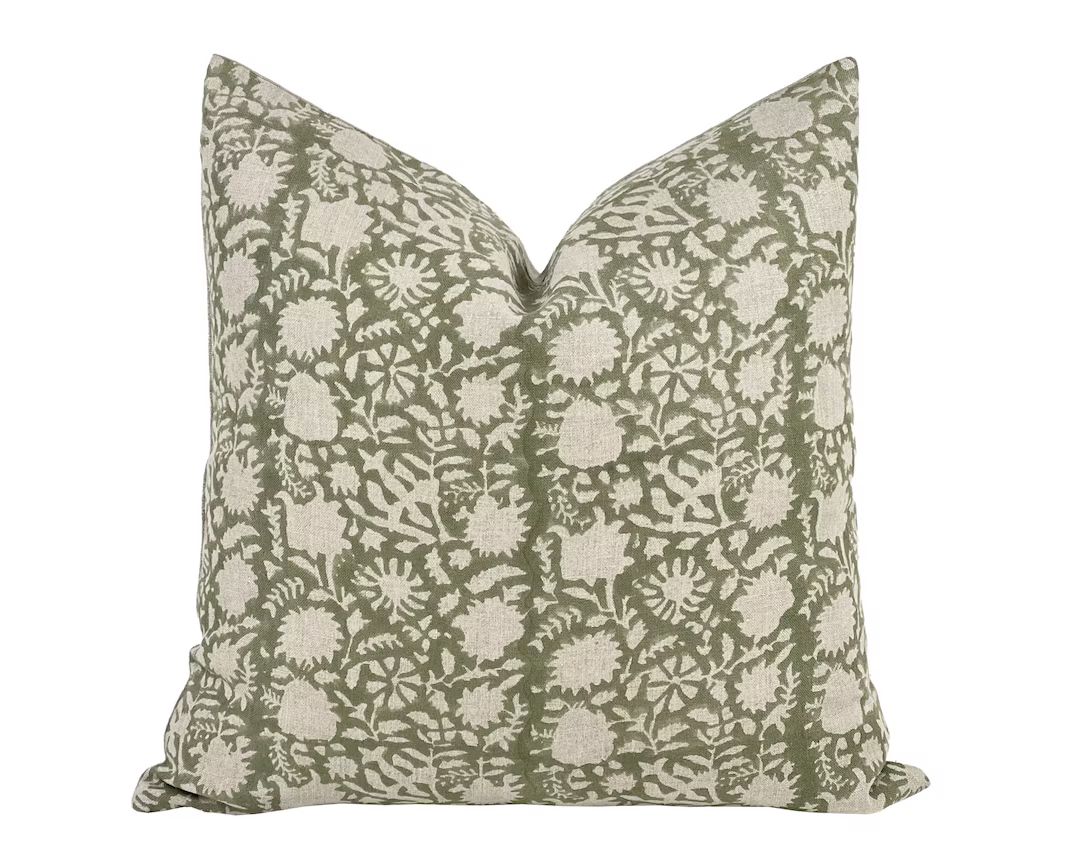 ROBIN Designer Forest Green Linen Pillow Cover, Block Print Pillow, Dark Green Pillow, Floral Pil... | Etsy (US)