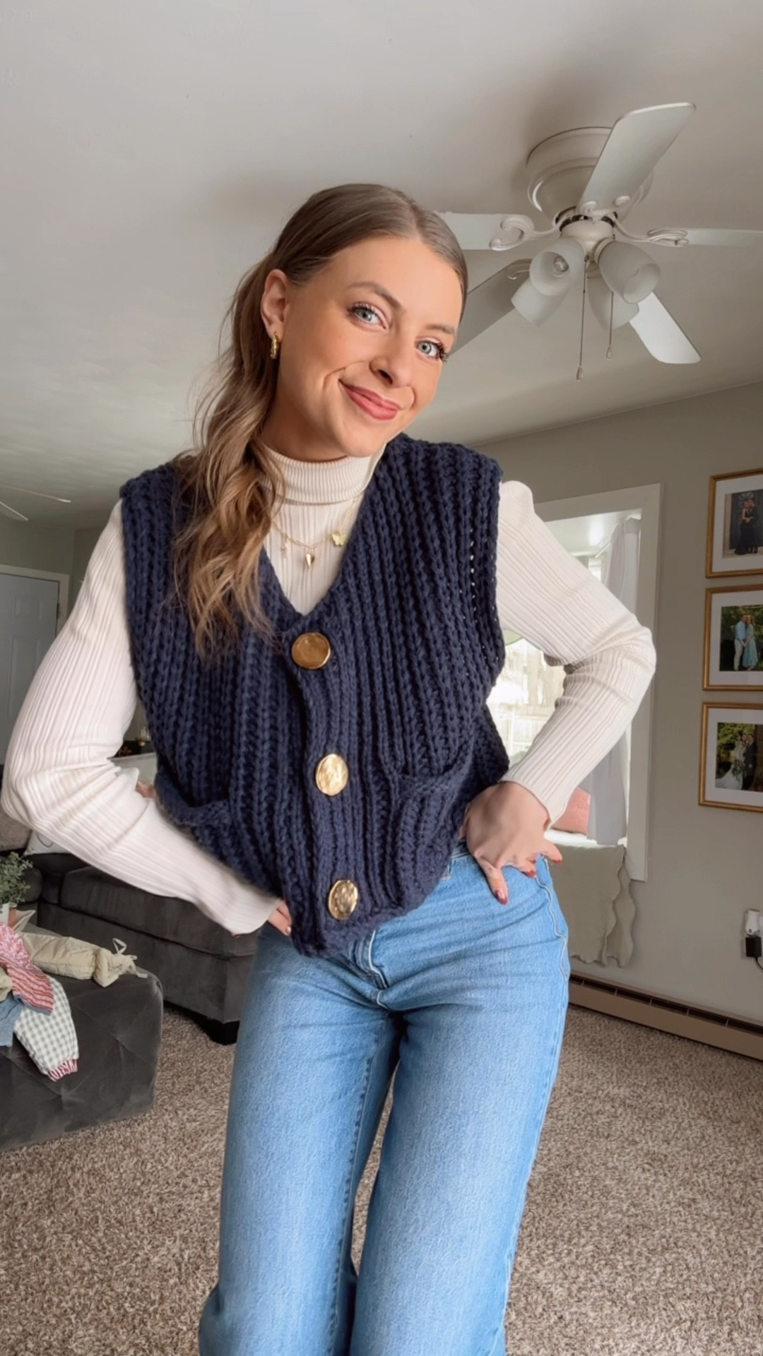 OOTD 1/19/25

Chunky sweater vest with gold buttons, navy sweater vest with pockets, ribbed turtleneck sweater, cream turtleneck long sleeve, high waisted braided denim, tall girl friendly jeans, white western boots, ankle cowgirl boots, gold chunky jewelry, charm necklace, chunky gold hoops, ribbed headband, winter style, how to style winter outfits, long hair style, casual winter outfit ideas

#LTKFindsUnder50 #LTKStyleTip #LTKShoeCrush