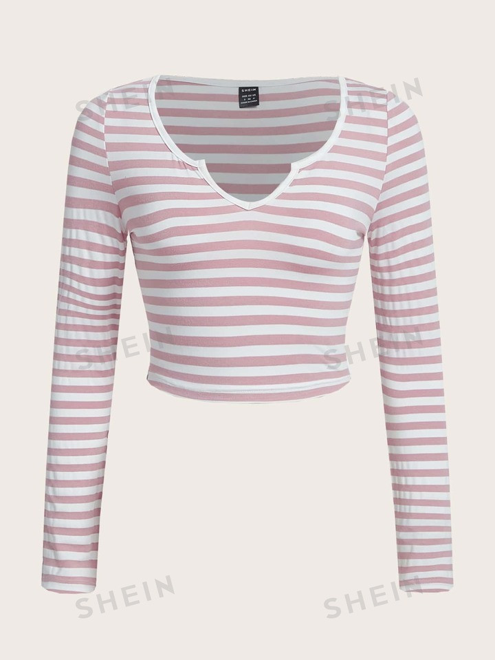 SHEIN EZwear Striped Notched Neck Crop Tee | SHEIN