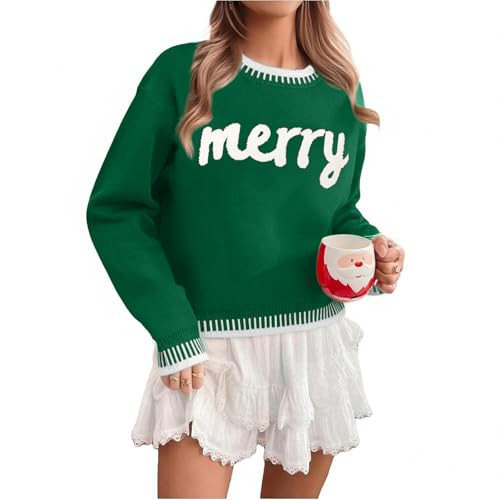 LUKYCILD Christmas Sweaters for Women Merry Sweatshirt Ugly Christmas Sweater Rib-Knit Holiday Sweatshirts Xmas Pullover Tops Green | Amazon (US)