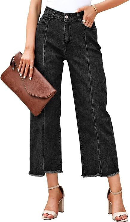 Sidefeel Women's Jeans High Waisted Wide Leg Loose Fit Straight Leg Zimbaplatinum Cropped Pants w... | Amazon (US)