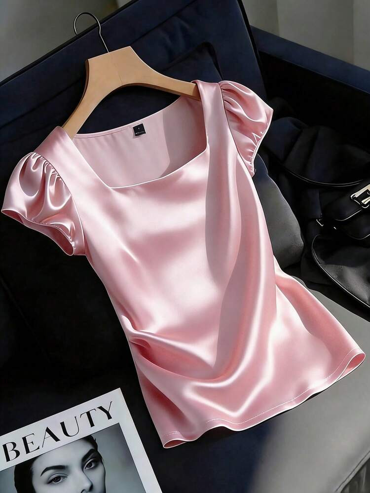 GlowEve Women's Pastal Elegant Sexy French Square Collar Petal Sleeve Pleated Lustrous Satin Fitted Blouse, Summer Dates Golf Casual Top For Commuting | SHEIN