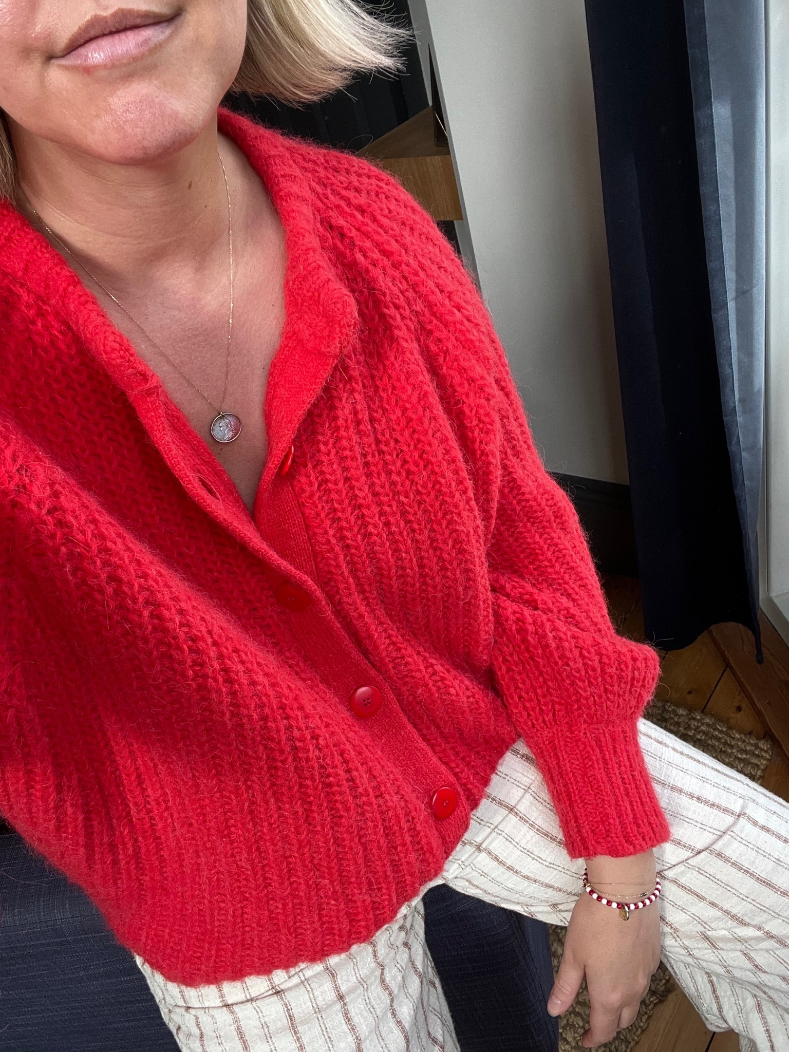  Gold Round Necklace, Missoma, Red Cardigan, Sezane Paris 

#LTKstyletip #LTKeurope #LTKSeasonal