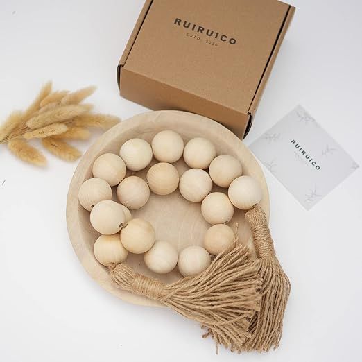 RUIRUICO Extra Large Chunky Wood Bead Garland with 1.6" Diameter Wooden Beads, 41" Long Wooden Be... | Amazon (US)