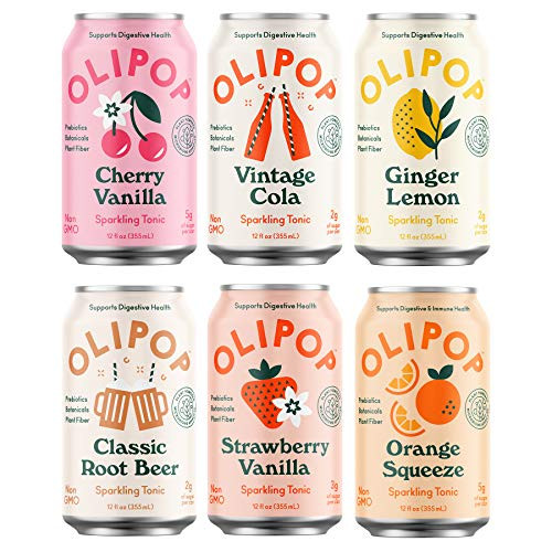 OLIPOP - 6-Flavor Soda Variety Pack, Healthy Soda Sampler, Prebiotic Soft Drinks, Supports Digestive Health & Gut Health, High Fiber, Low Calorie, Low Sugar, Vegan (12 oz, 6-Pack) | Amazon (US)