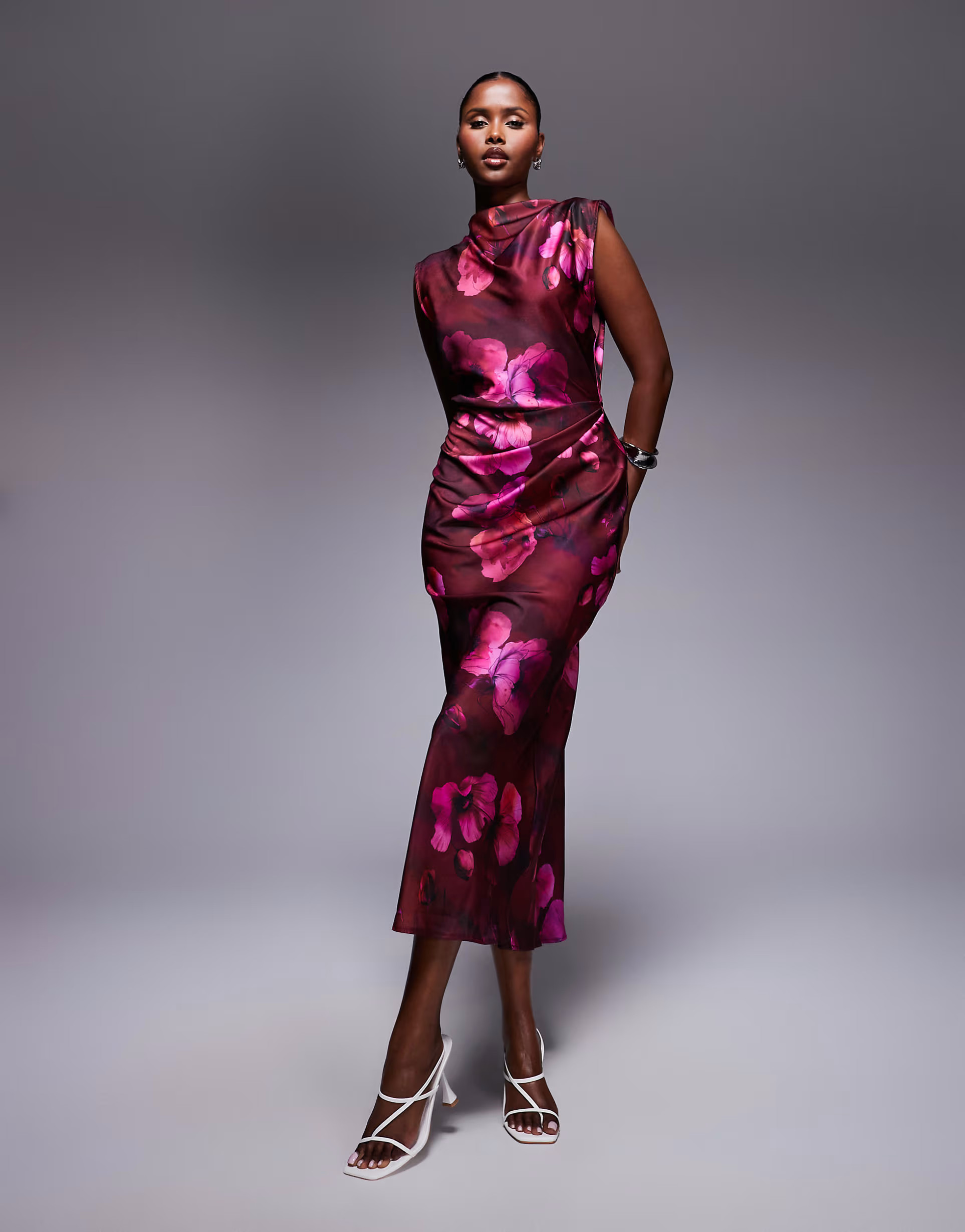 ASOS DESIGN satin high neck pleated bodice midi dress in dark pink floral print | ASOS (Global)