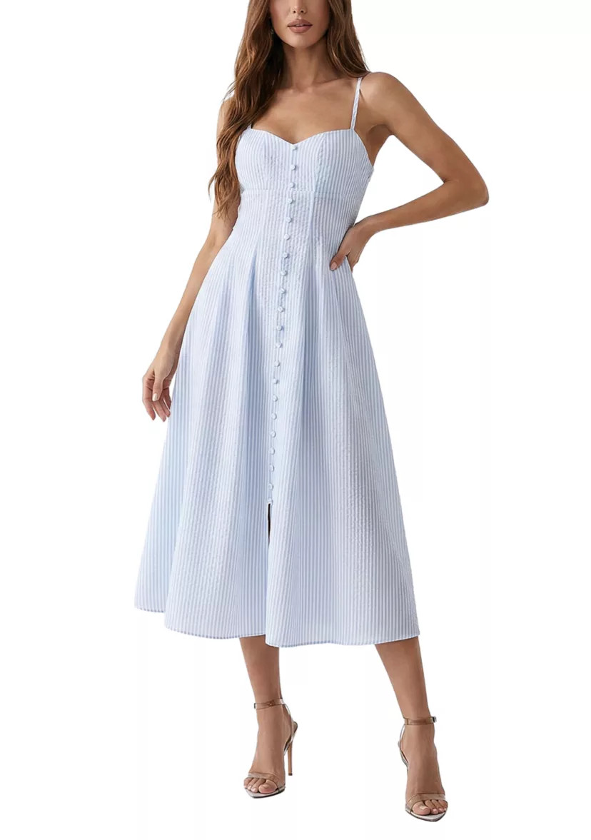 Striped Button Front Linen Midi Dress | Belk