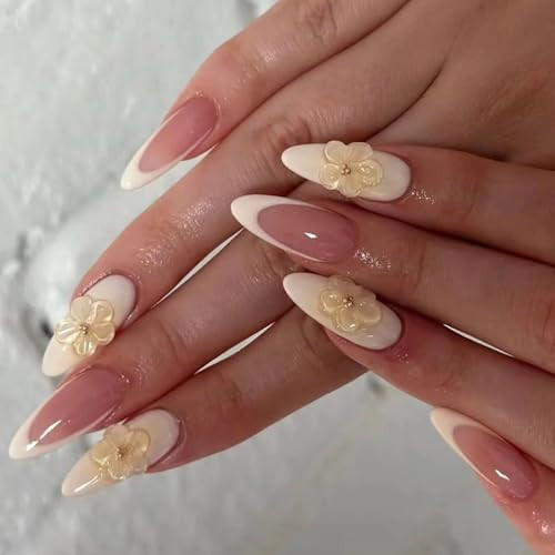 French Tip Press on Nails Short Almond Fake Nails Flower False Nails with 3D Floral Design Glue on Nails Pink White Acrylic Nails Full Cover Stick on Nails Artificial Nails for Women Manicure 24Pcs | Amazon (US)