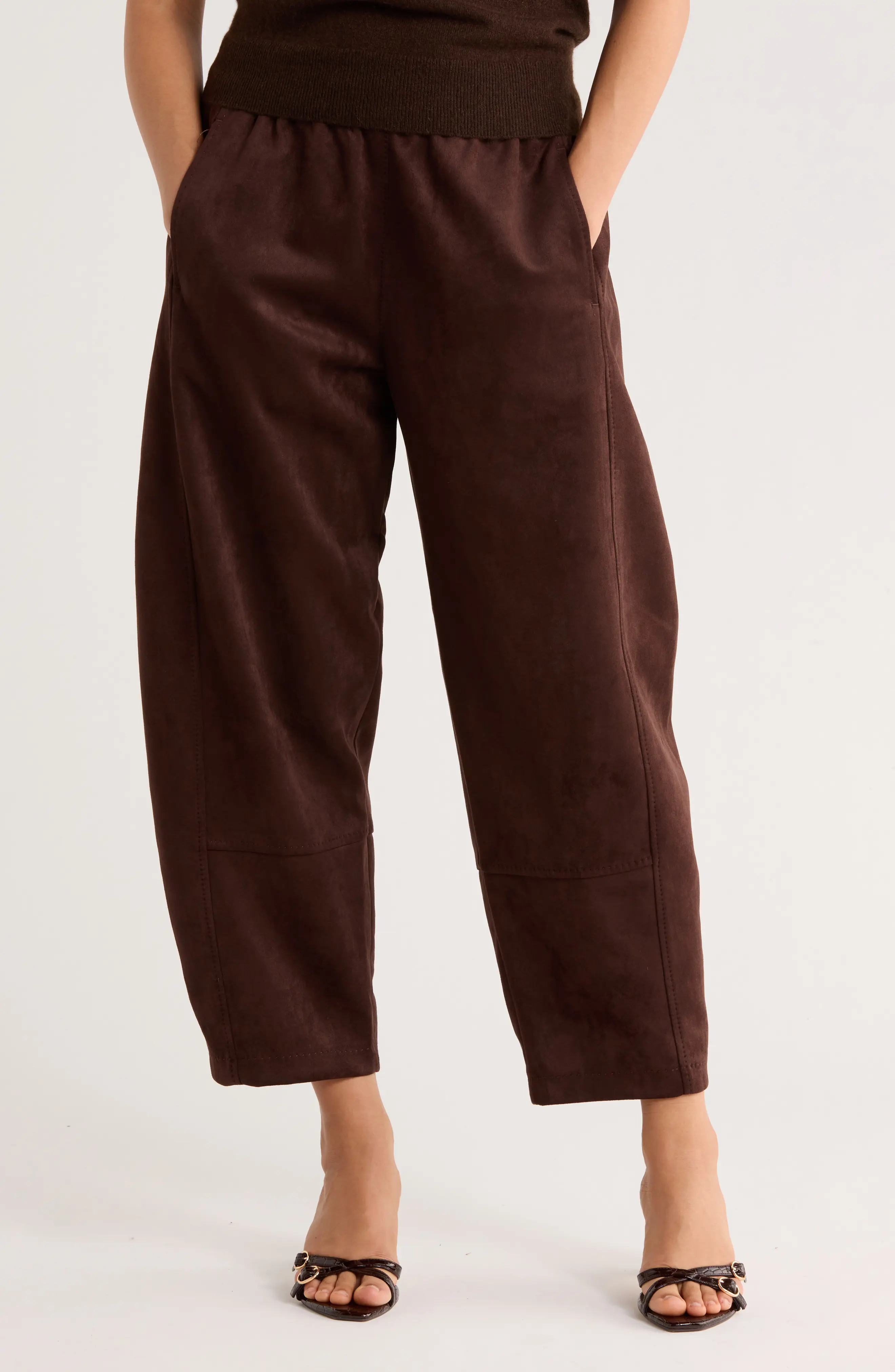 MAX STUDIO Faux Suede Barrel Pants in Dark Brown at Nordstrom Rack, Size X-Small | Nordstrom Rack