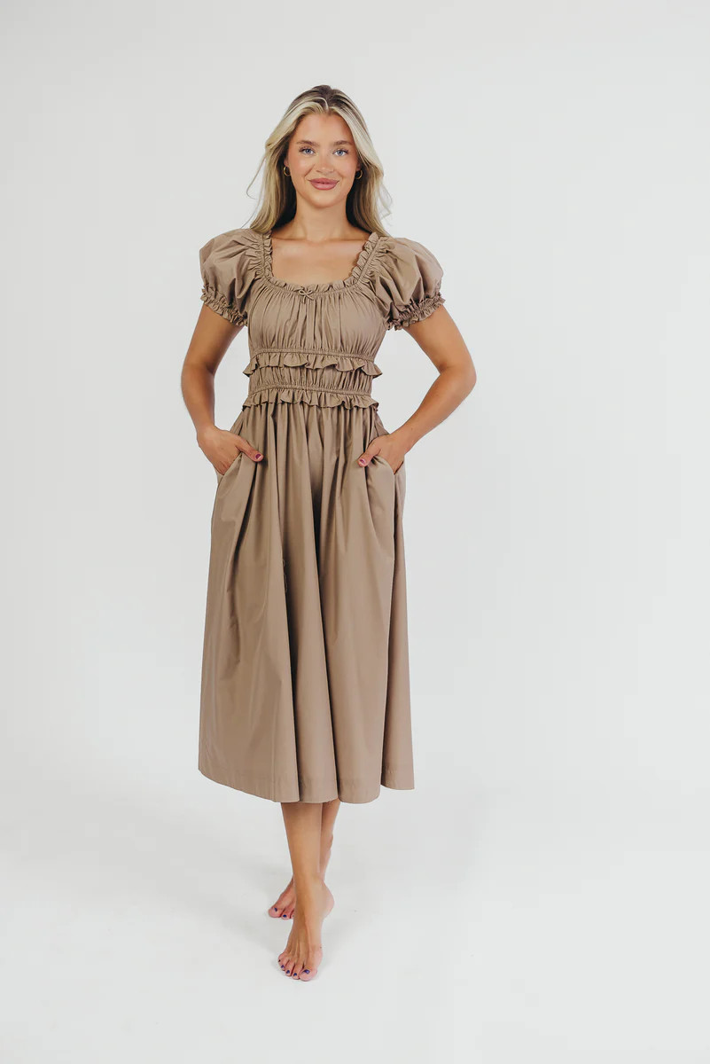 Raquel Cotton-Poplin Midi Dress in Dark Natural - Bump Friendly | Worth Collective