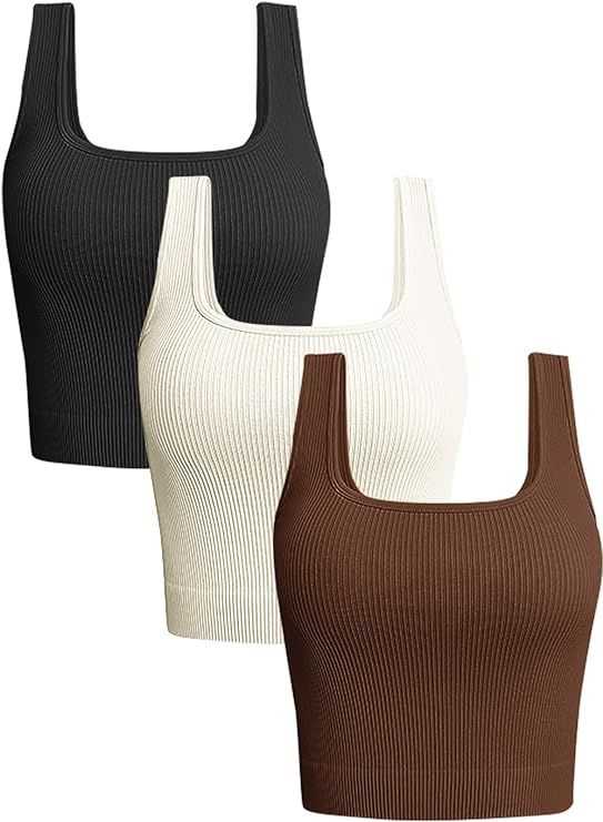 OLCHEE Womens 3 Pack Crop Tank Tops Basic Seamless Ribbed Sleeveless Square Neck Workout Top Summ... | Amazon (US)