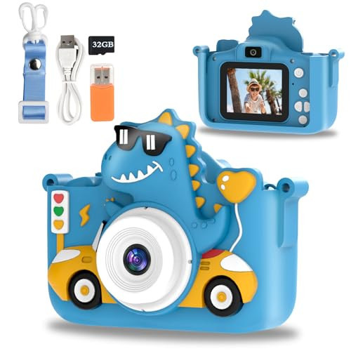 Kids Digital Camera, 1080P HD Video Camera for Toddlers with 32GB SD Card, Dinosaur Protective Case, Card Reader, Fun Selfie Toy Camera for Ages 3-12, Christmas/Birthday Gift for Boys & Girls (Blue1) | Amazon (US)