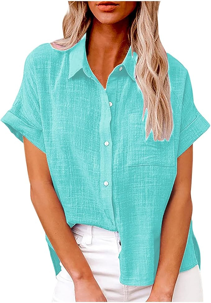 Womens Button Down Cotton Linen Shirts V Neck Roll Up Short Sleeve Blouses Loose Collared Shirt S... | Amazon (US)