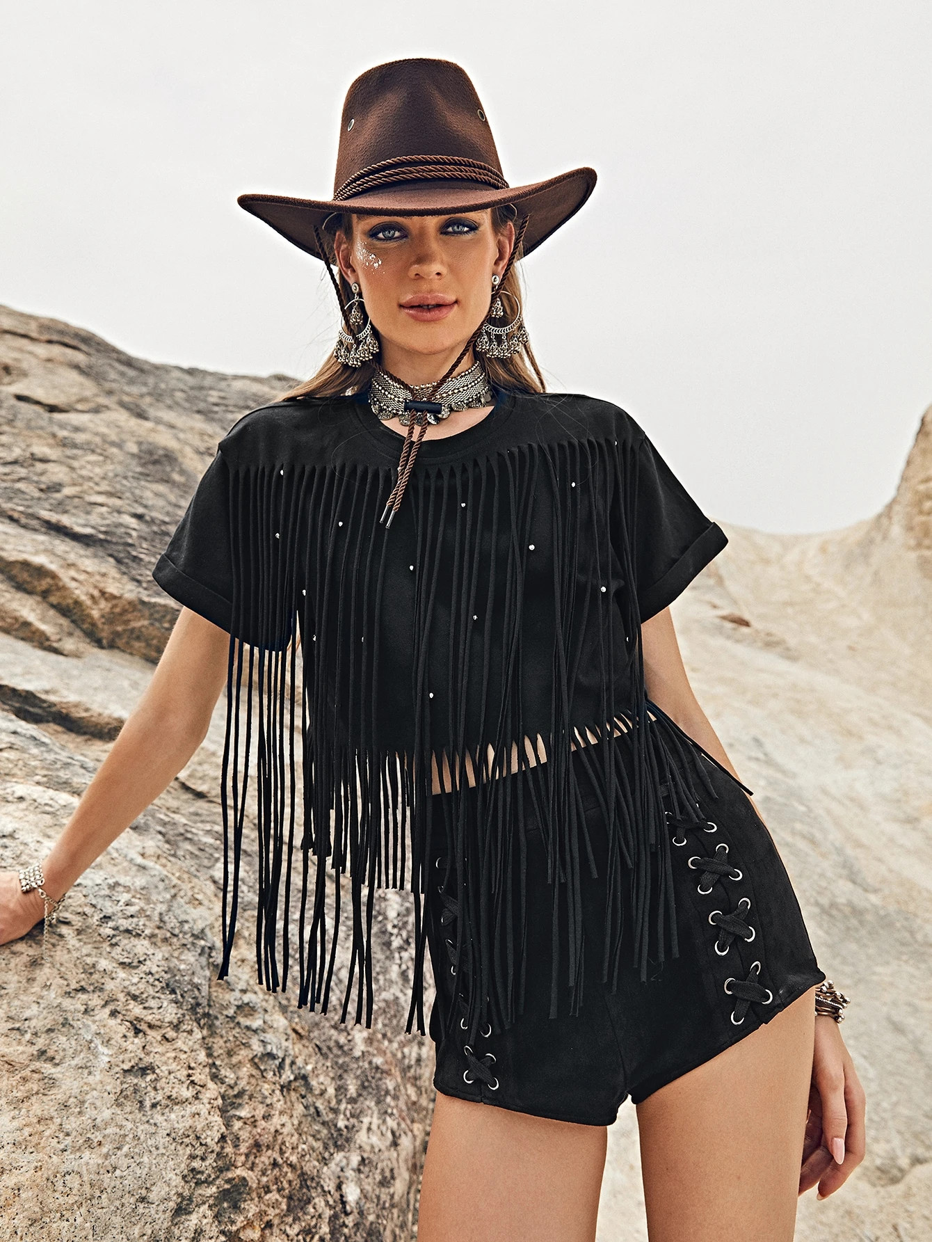 SHEIN Beaded Front Fringe Trim Top | SHEIN