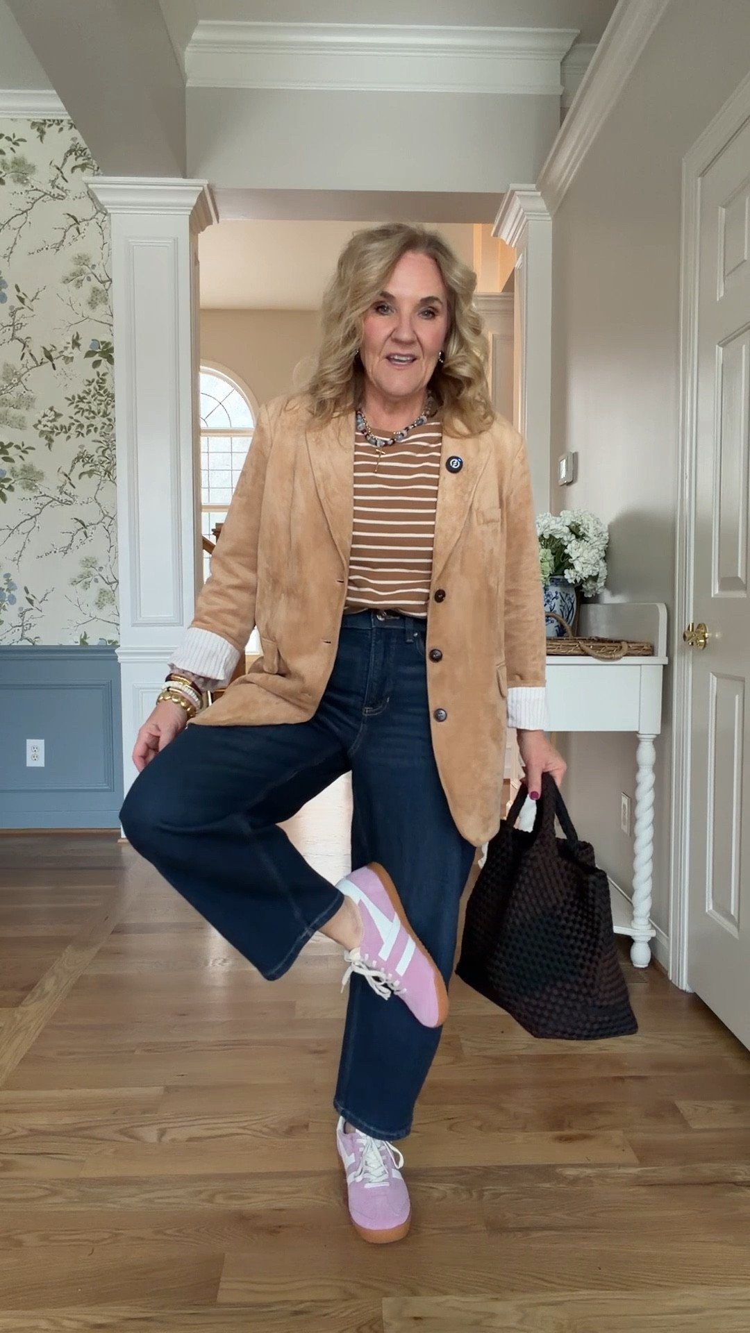 A few favorite pink styles 
Blouse size medium 
Jeans medium petite 
Quince cashmere burgandy size large 
Pale pink blouse medium 
Chambray skirt 8
Pink pants 6 reg 
Quince merino wool jacket medium 
Striped blouse medium 
Navy blazer 10 petite 
Pink cardigan medium 
Brown gingham blouse medium 
Ecru Jeans 29 petite 
Faux suede blazer medium petite size down if petite not avail 
Striped tee is fitted size medium 
Spanx barrel Jean medium petite 
Pink sneakers tts with socks 
Allie & Bess warehouse sale starts Wednesday 28th at 8 CST shop then! 

#LTKSaleAlert #LTKValentine #LTKOver40