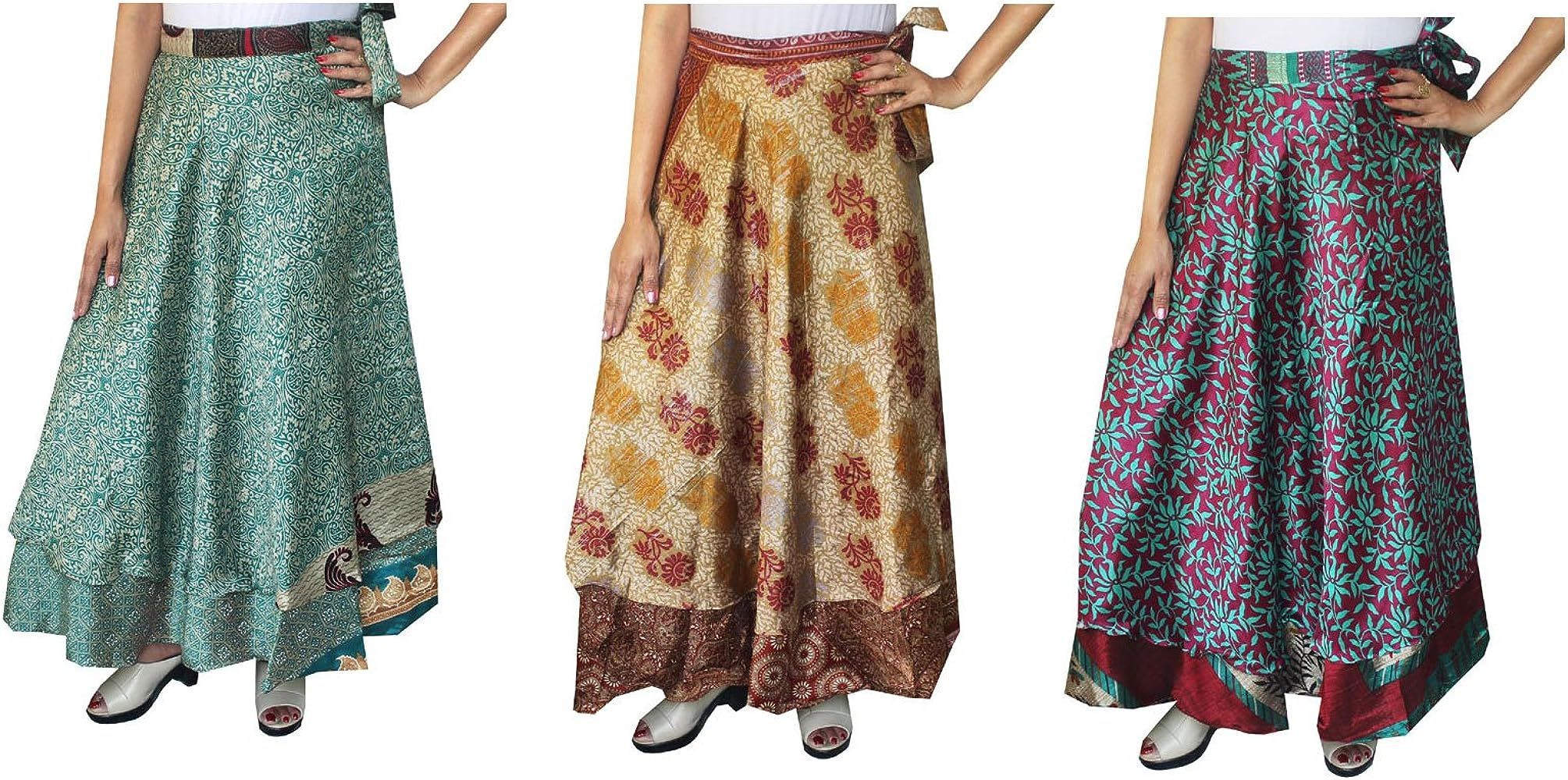 Wholesale 3 Pcs Lot Two Layers Women's Indian Sari Magic Wrap Around Long Skirt | Amazon (US)