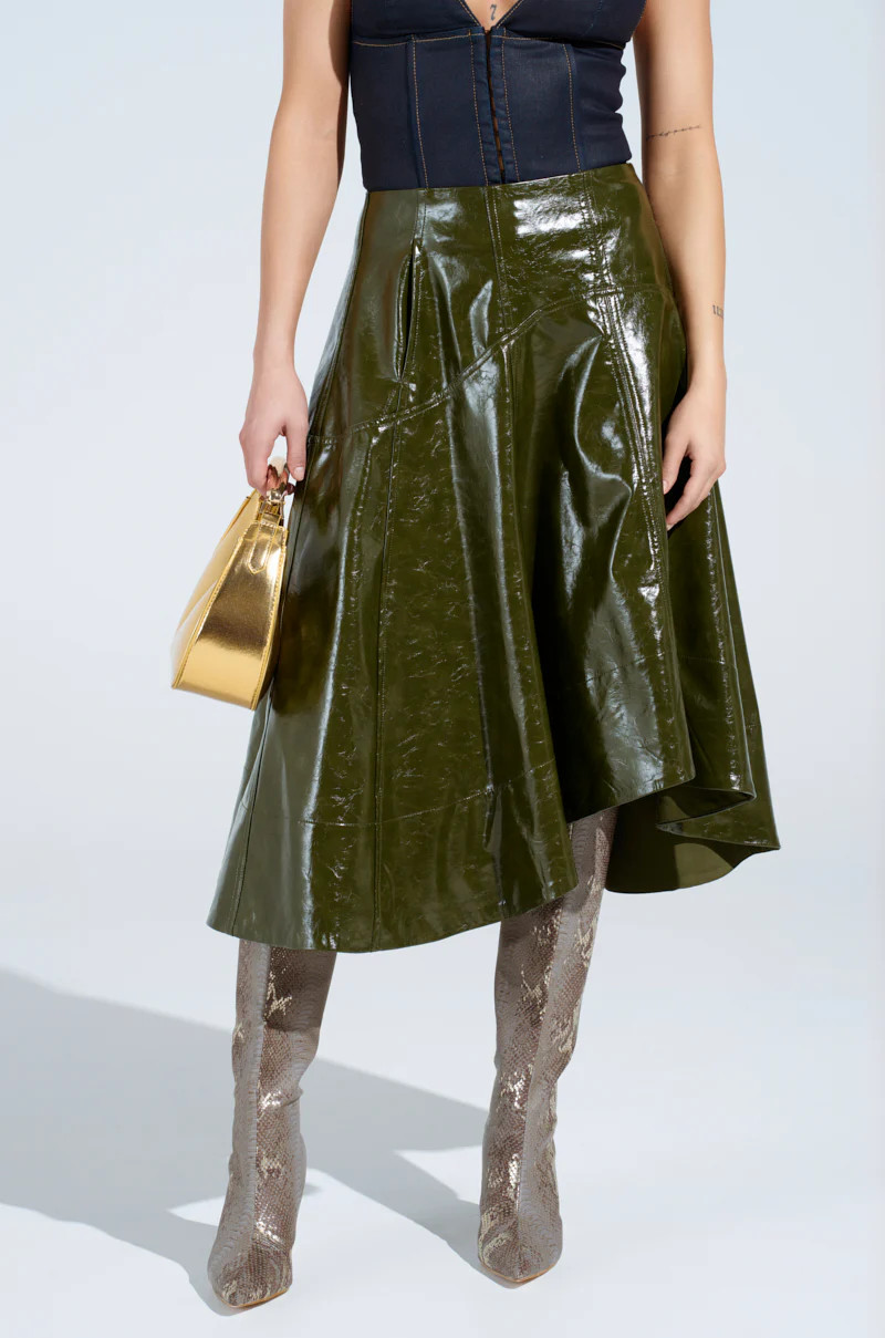 THINK ABOUT IT FAUX LEATHER MIDI SKIRT IN OLIVE | AKIRA