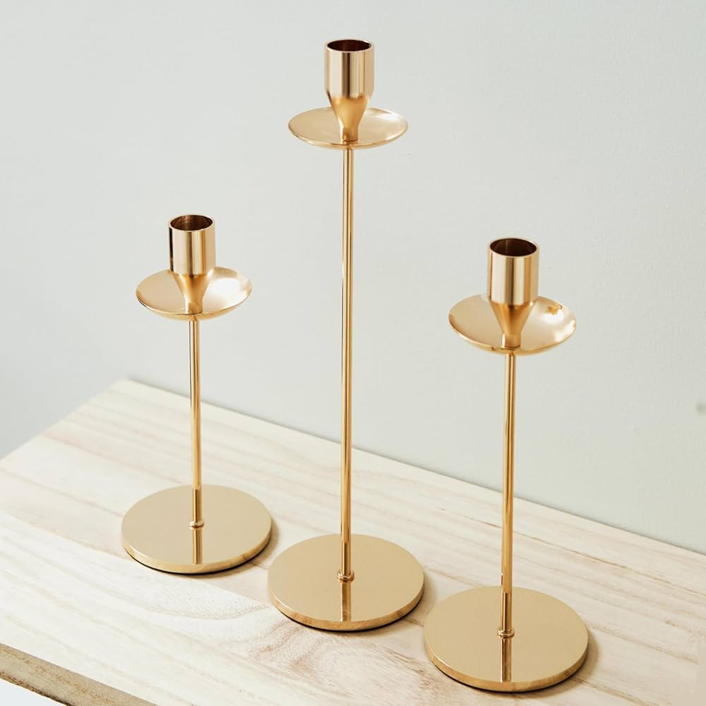 DN DECONATION Gold Candle Holders, Brass Taper Candlestick Holders Set of 3, Vintage Metal Candle... | Amazon (US)