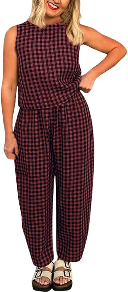 Women 2 Piece Summer Outfits 2025 Plaid Sleeveless Lounge Wear Sets Crop Tanks and Long Pant Sets... | Amazon (US)