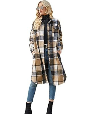 Ainangua Women's Casual Wool Blend Long Plaid Shirt Jacket Button Down Pocketed Shirt Shacket | Amazon (US)