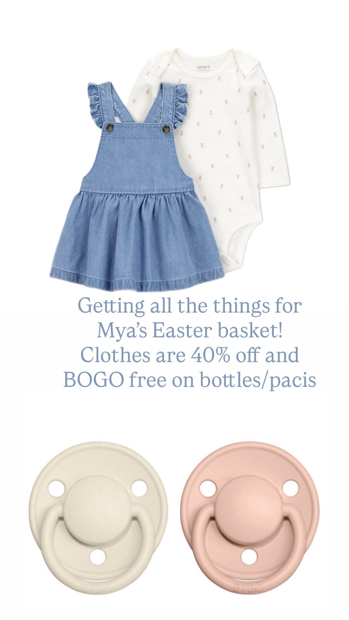 Target spring sale Carters baby clothes 40% off Bottles and pacis are BOGO free TODAY ONLY 
Kids and toddlers 40% off too
Easter basket for 4 month old 

#LTKmomlife #LTKSaleAlert #LTKBaby