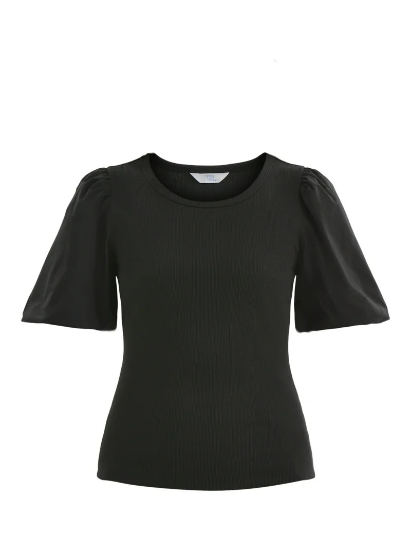 Time And Tru Women's Mixed Media Top with Short Puff Sleeves, Sizes XS-XXXL | Walmart (US)