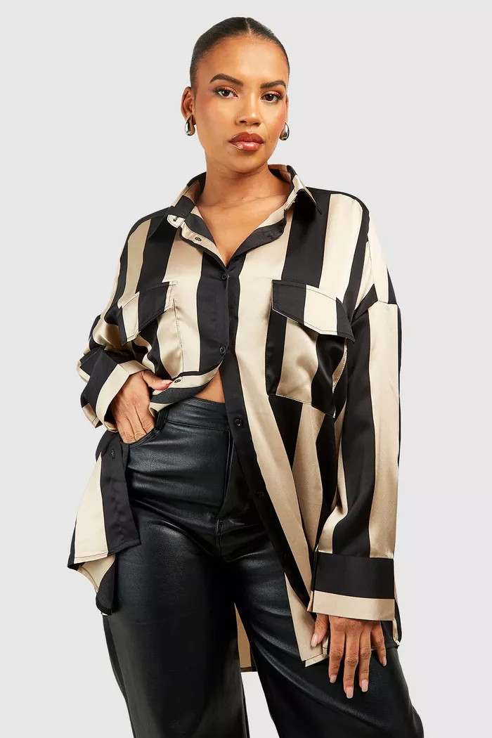 Plus Wide Stripe Satin Shirt | boohoo (US & Canada)