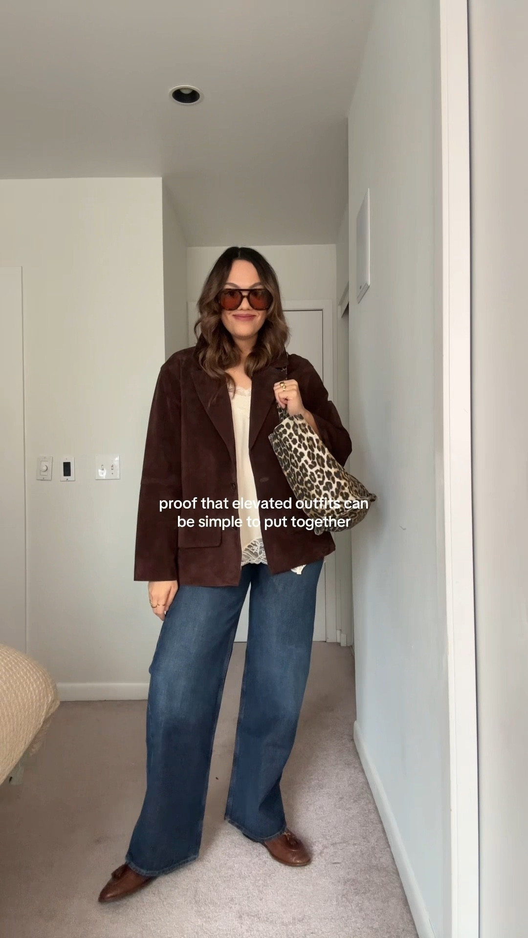 Simple yet elevated outfit!

-Zara chocolate brown suede leather jacket, I have a large. 
-Zara cream lace cami, I have a large. 
-Citizens of Humanity dark wash baggy Ayla jeans, I have a size 28. 
—Zara brown tasseled loafers. 
-Ganni leopard print tote bag. 
-Ganni brown aviator sunglasses, similar linked. 


#LTKwinter #LTKstyletip #LTKcanada