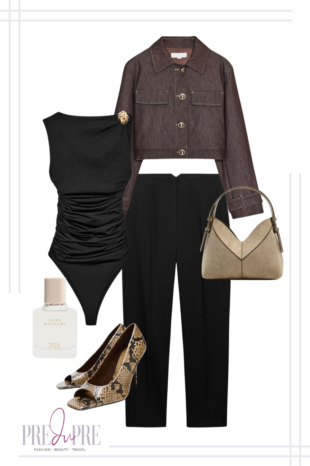 Elevate your workwear with this sophisticated and chic ensemble! This outfit proves that professional attire doesn't have to be boring. We're pairing high-waisted black wide-leg trousers with a sleek ruched black one-shoulder bodysuit for a modern silhouette. Layer with a cropped brown jacket for structure and polish. The snakeskin pumps and nude bouquet perfume add those inspired finishing touches. Shop this polished office look right here!

#workwear #officeoutfit #professionalstyle #fallfashion #capsulewardrobe #workootd #preduprestyle #fashioninspiration #powersuit #9to5style 

 #LTKFindsUnder100 #LTKStyleTip #LTKWorkwear