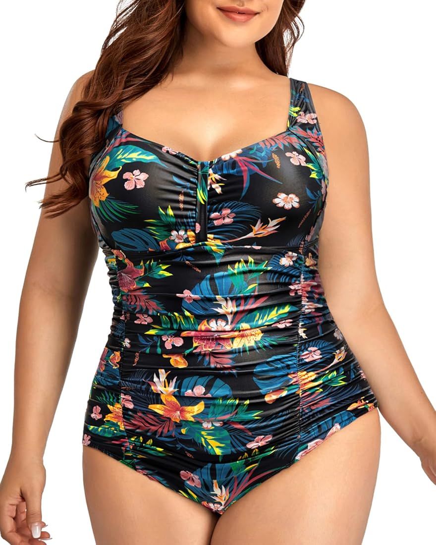 Daci Women Plus Size One Piece Swimsuits Tummy Control Vintage Ruched Bathing Suits Retro Swimwea... | Amazon (US)