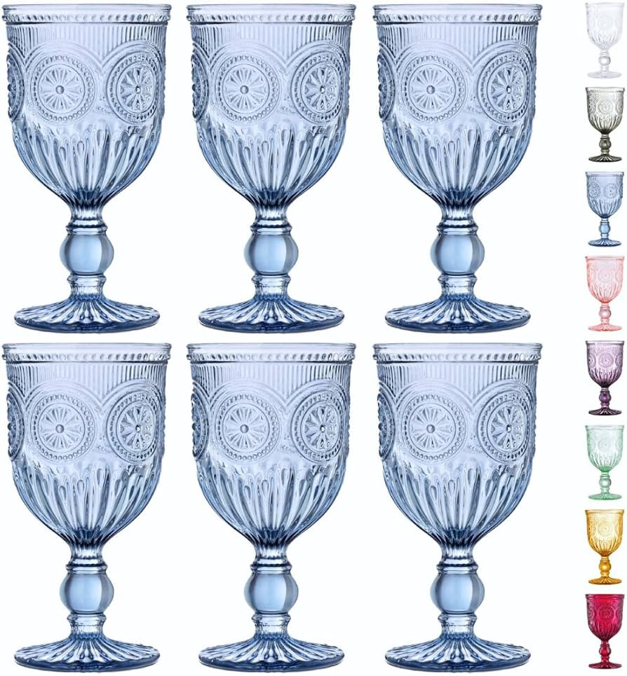 Blue-Wine-Glasses-Sunflower-Set-6 Blue Wine Glasses Set of 6 Vintage Hobnail Goblets 10 oz Dishwa... | Amazon (US)