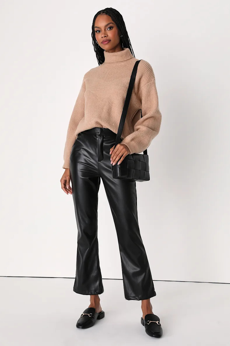 Cruising Kyoto Black Vegan Leather Cropped High Rise Flare Pants | Lulus (US)