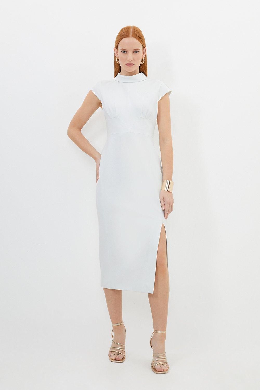 Tailored Structured Crepe High Neck Cap Sleeve Midi Dress | Karen Millen US