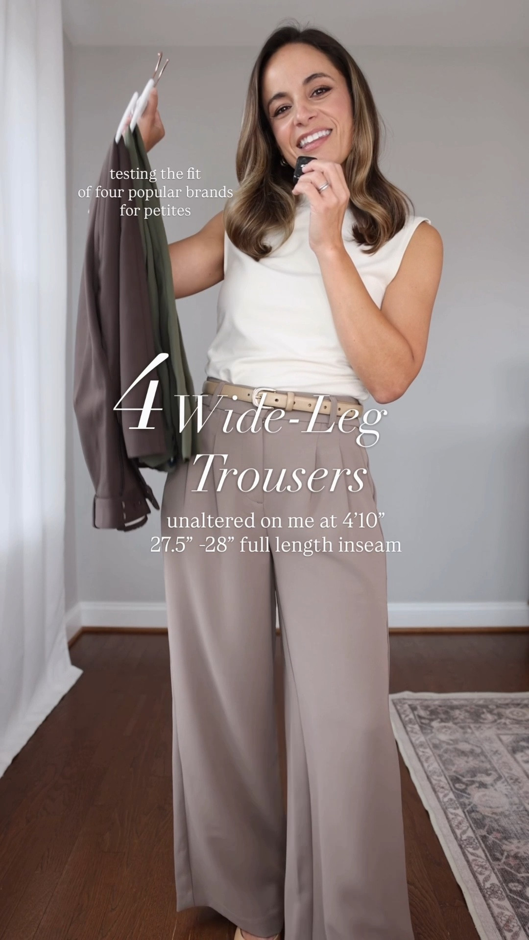 Testing the fit of four wide leg trousers for petites! 

LOFT Crepe Drape Palazzo
Petite 00 - 11.5” rise, 27.5” inseam 

Gap 365 Trousers 
Petite 00 - 11.5” rise 28” inseam (also offered in low rise) 

Abercrombie Sloan 
00 short 11.5” rise 28.25” inseam (also offered in low rise) 

Aritzia Effortless 
0 short - 11.5” rise, 29.5” inseam (also offered in low rise) sized up, these are too long for me without hemming 

Top (Quince): xs - exact color is not available 
Shoes (Sam Edelman): true to size

#LTKPetite #LTKWorkwear
