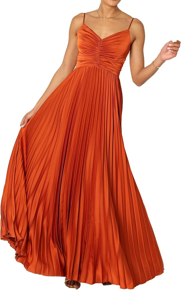 Women's Summer Pleated Dress Floral Print Adjustable Spaghetti Strap Maxi Solid Dresses | Amazon (US)