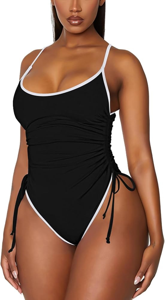Viottiset Women's Ruched Drawstring One Piece Swimsuit Tummy Control High Cut Bathing Suit | Amazon (US)