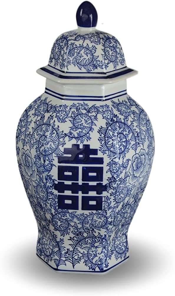14" Classic Blue and White Porcelain Floral Temple Ginger Jar Vase, China Ming Style, Jingdezhen,... | Amazon (US)