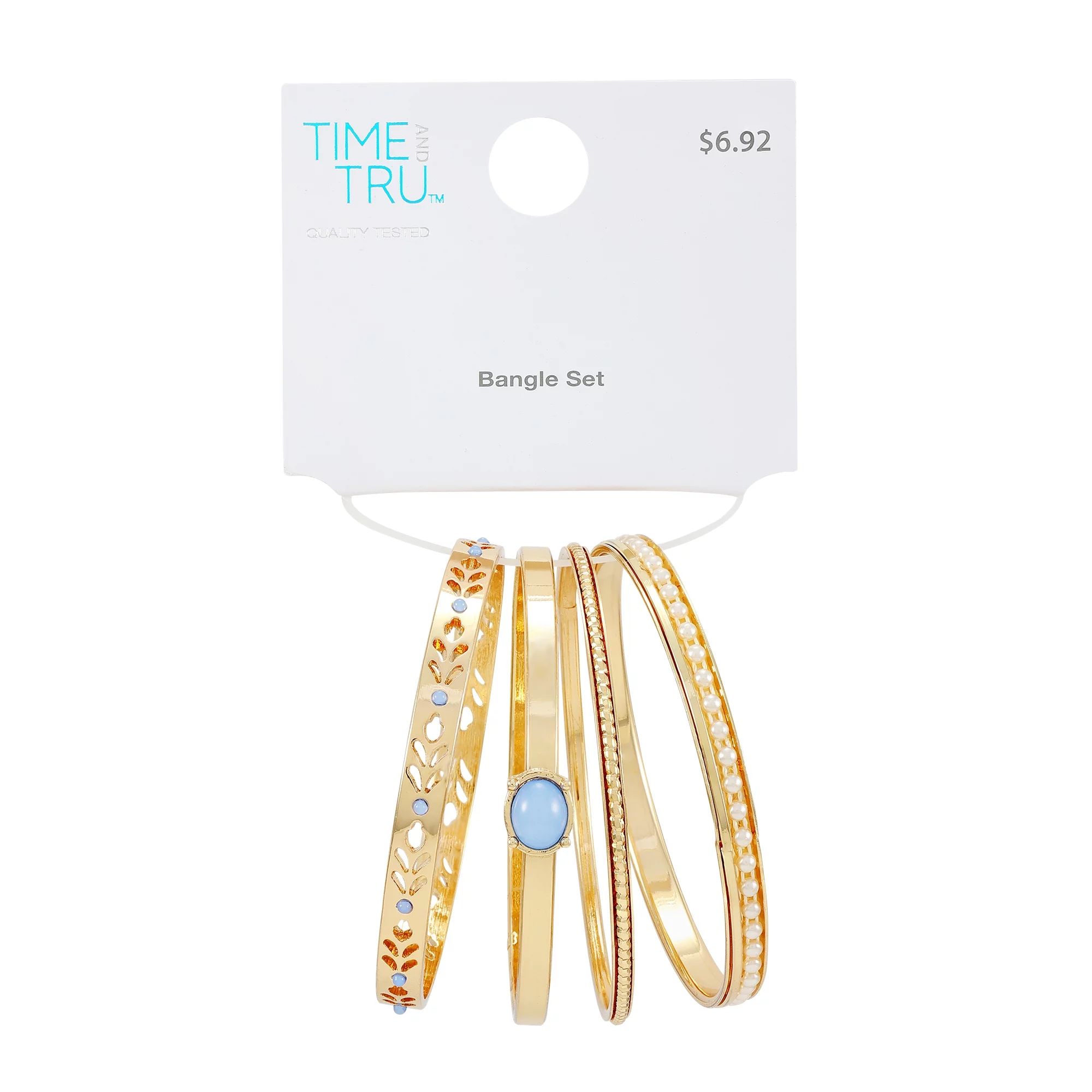 Time and Tru Women's Blue Stone Accent Imitation Gold Bangle Bracelet Set, 4-Piece | Walmart (US)