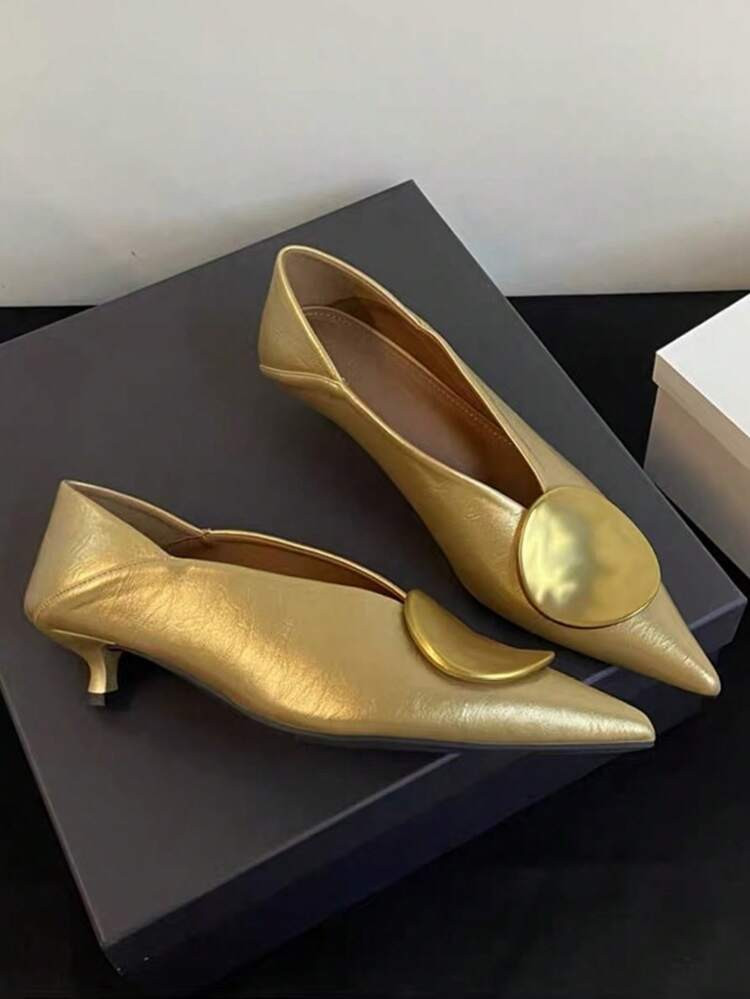 Fall/Winter 2025 Summer New Metal Buckle Pointed Toe Stiletto Mid Heel Mule Slides Sandals For Women, Gold Color, Elegant, Kitten Heels, Party | SHEIN