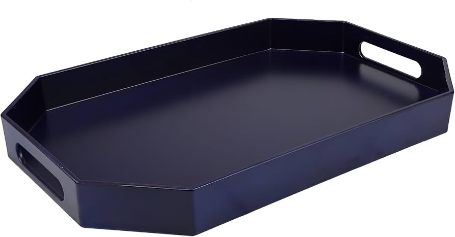 Navy Blue Octagonal Serving Tray with Handles for Coffee Table, Plastic Decorative Tray for Ottoman, Kitchen Counter, Living Room, Outdoor Lacquer Tray for Entertaining | Amazon (US)