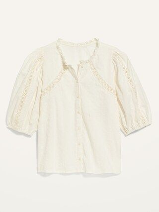 Puff-Sleeve Lace-Trim Clip-Dot Blouse for Women | Old Navy (US)