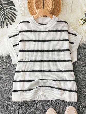 SHEIN Essnce Plus Striped Pattern Batwing Sleeve Knit Top | SHEIN