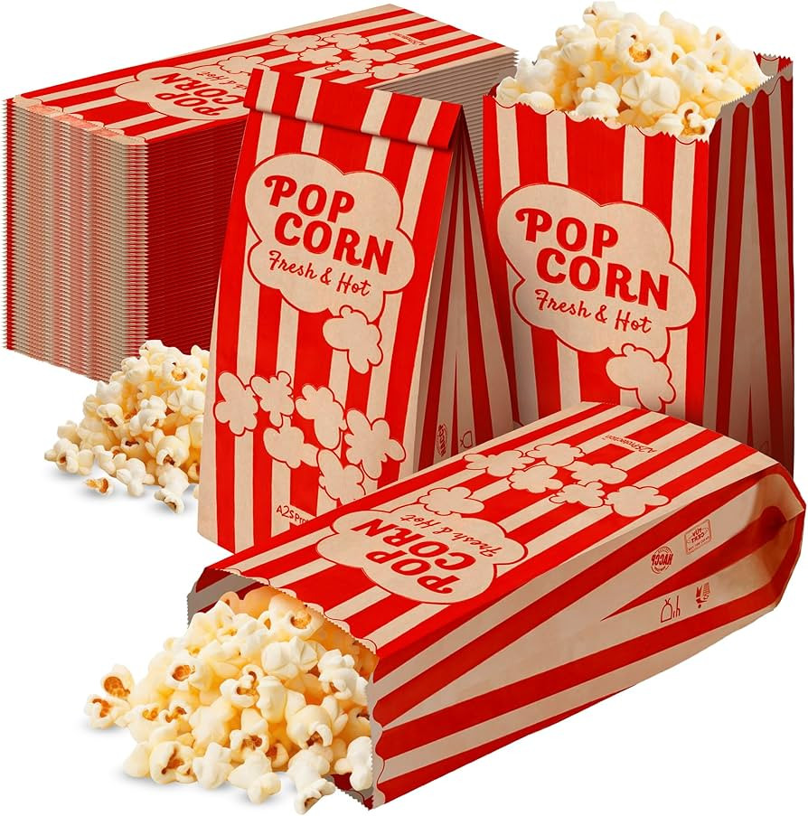 125 Pieces Popcorn Bags Individual Servings - 2 oz Vintage Brown and Red Stripe Kraft Paper Popco... | Amazon (US)